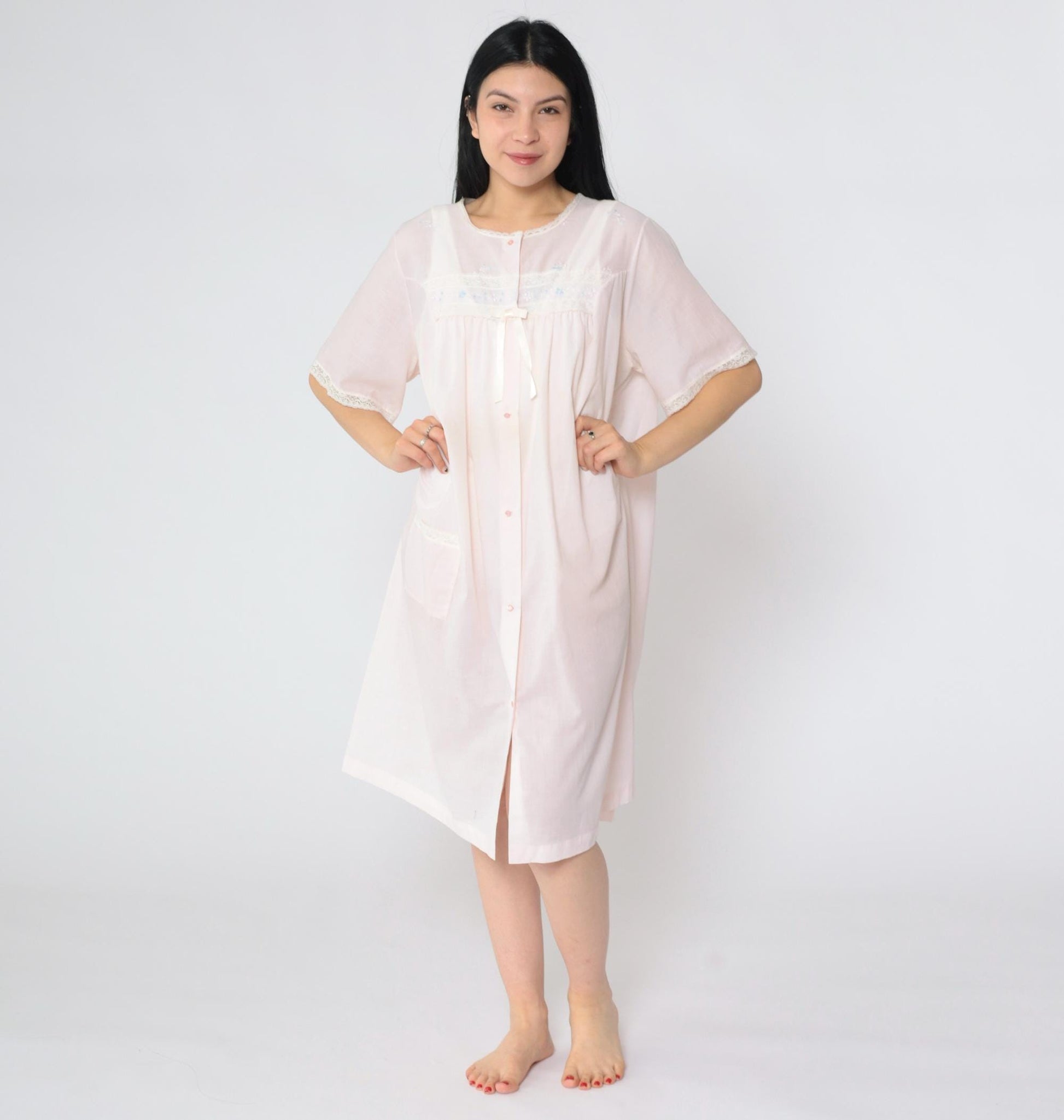 70s Shadowline Pink Robe Lace Floral Embroidered Button-Up Nightgown Large L