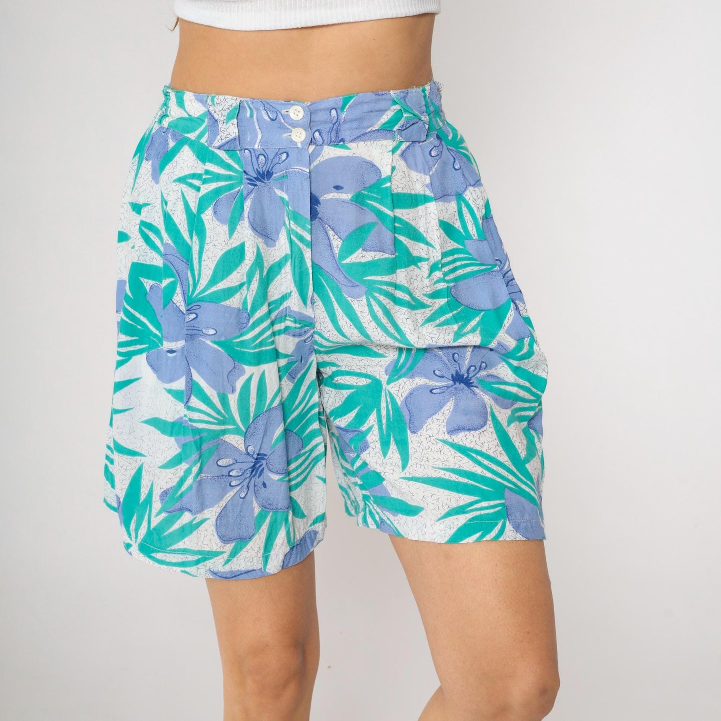 90s New Aura Floral Shorts Teal Periwinkle High Waisted Pleated Rayon Small