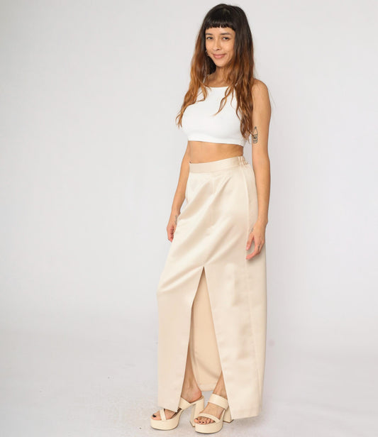 90s JR Nites Cream Satin Maxi Skirt High Front Slit Column Small