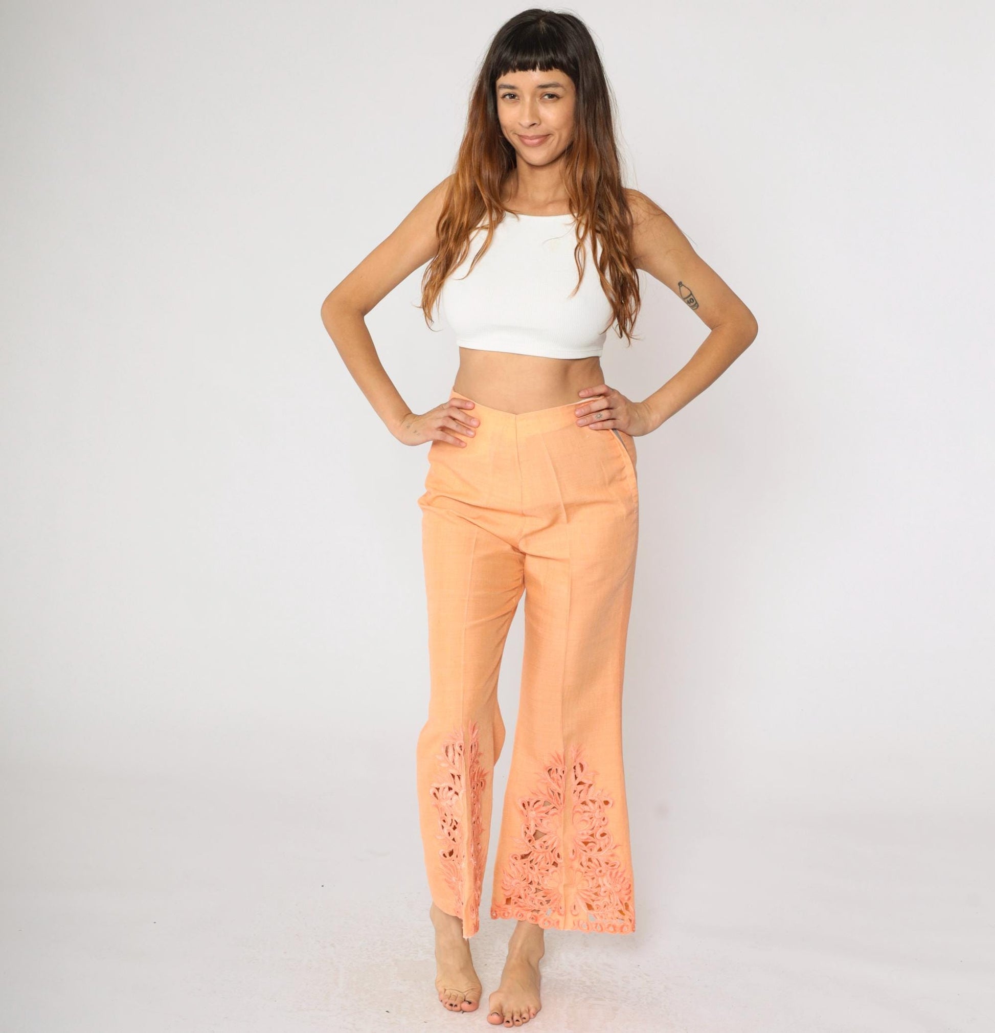 70s Orange Lace Cutwork Bell Bottom Pants High Rise Flared Small