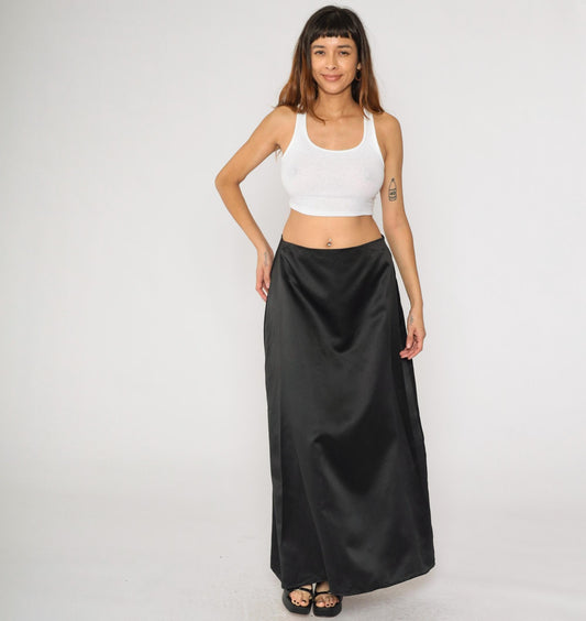 Black Satin Maxi Skirt High Waisted A-Line Column Southeastern Performance Apparel Size 14