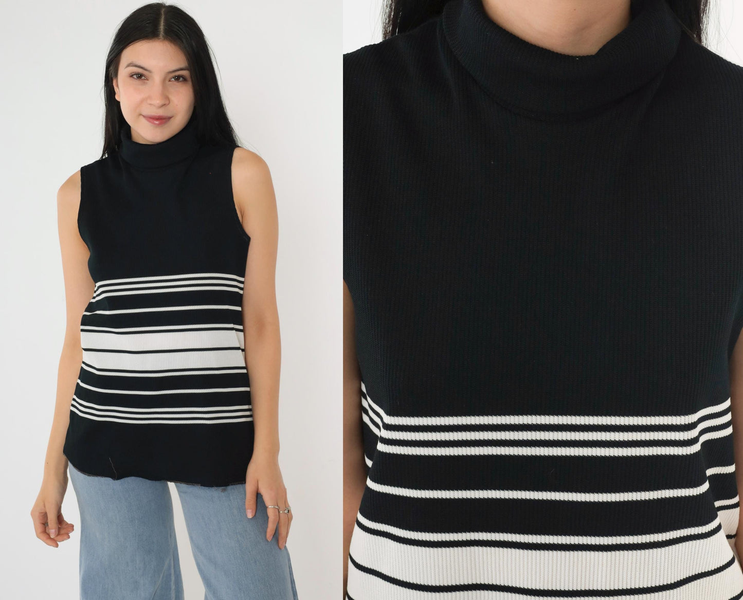 70s Black White Striped Mock Neck Tank Top Zip Back Small S