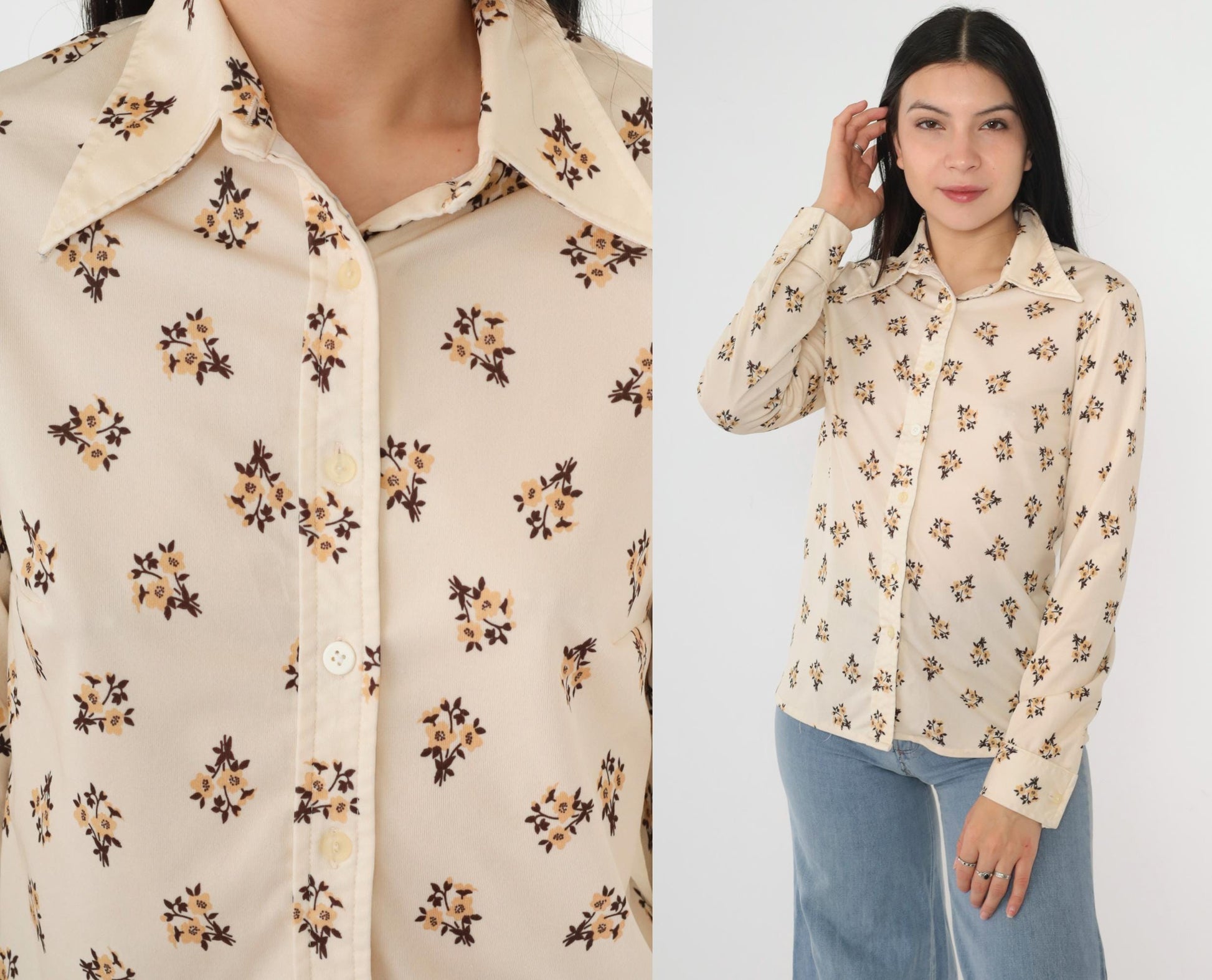 70s Floral Cream Button-Up Blouse Pointed Collar Long Sleeve Small