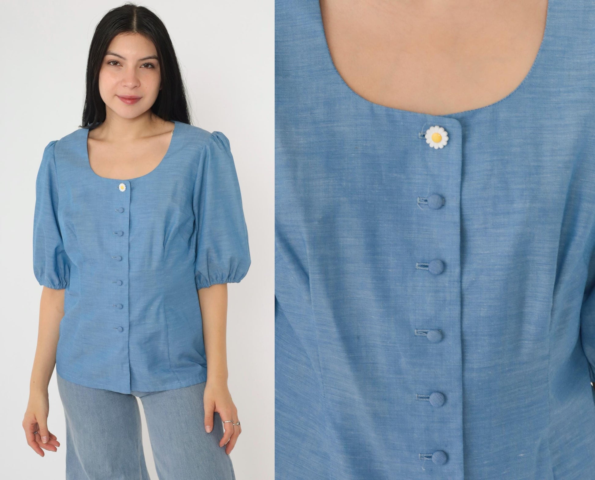 70s Alice of California Blue Puff Sleeve Button-Up Blouse Scoop Neck Small