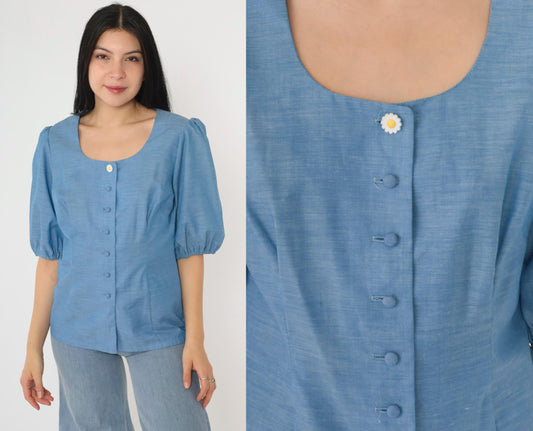 70s Alice of California Blue Puff Sleeve Button-Up Blouse Scoop Neck Small