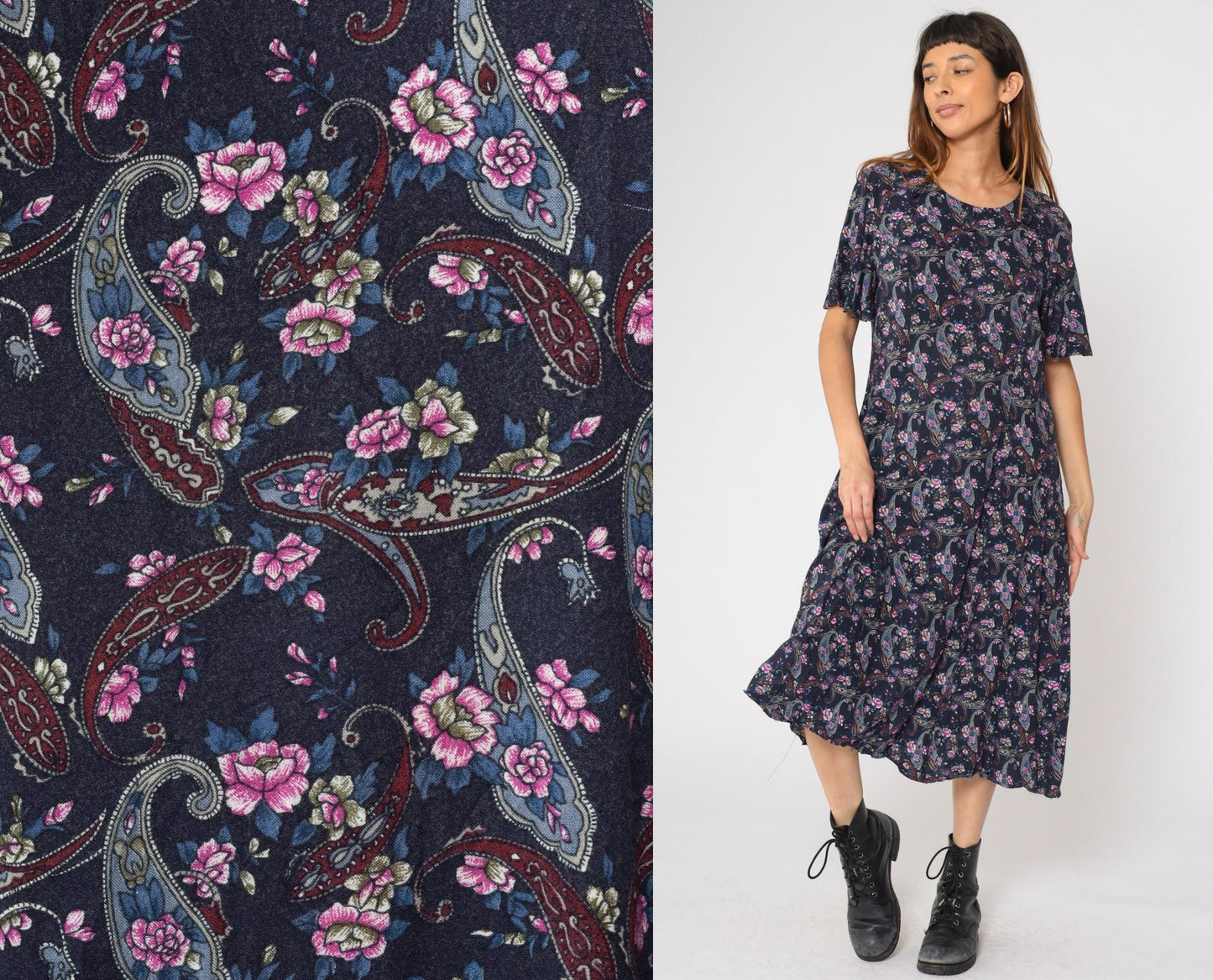 90s Kathie Lee Paisley Floral Midi Dress Dark Blue Rayon Princess Seam Medium Large