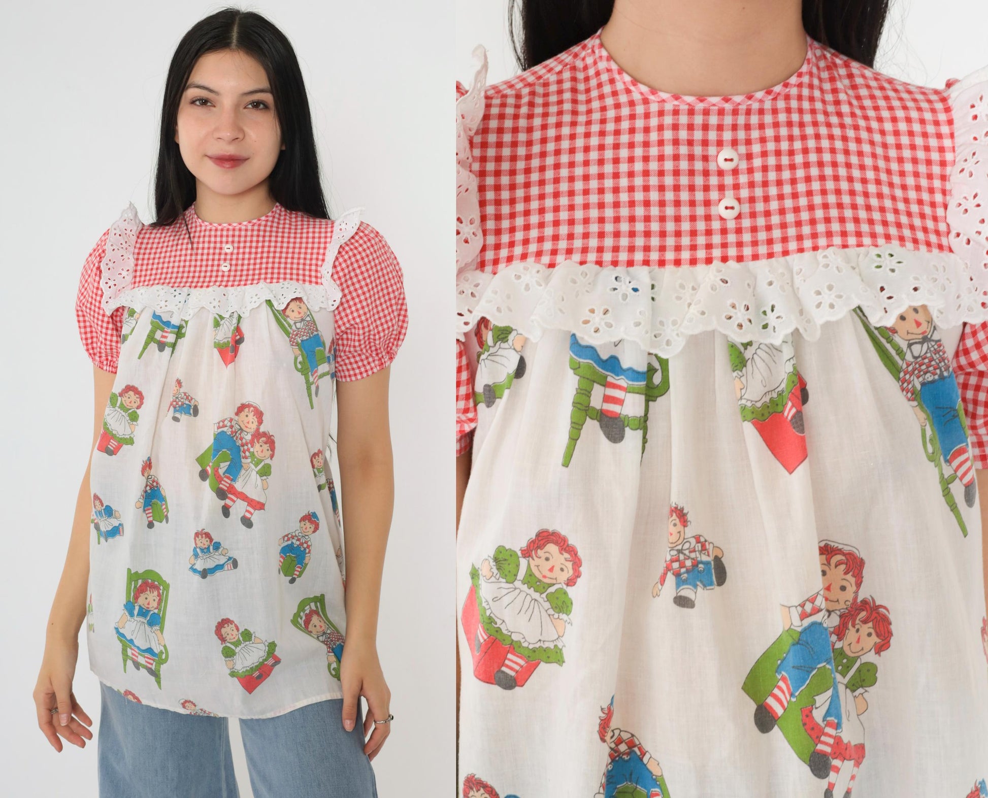 70s Raggedy Ann Pajama Shirt White Red Gingham Eyelet Puff Sleeve XXS