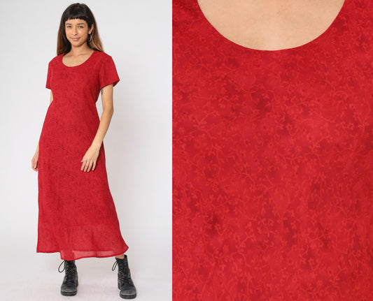 90s Jessica Howard Red Floral Maxi Dress Shift Scoop Neck Short Sleeve Large