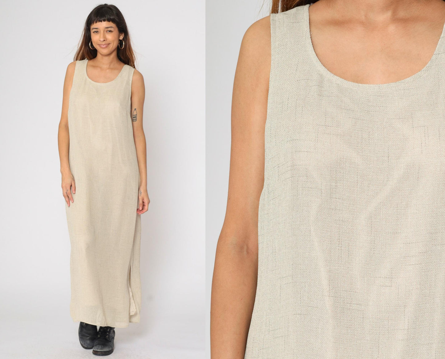 90s Dressbarn Beige Maxi Dress Sleeveless Scoop Neck Side Slit Large
