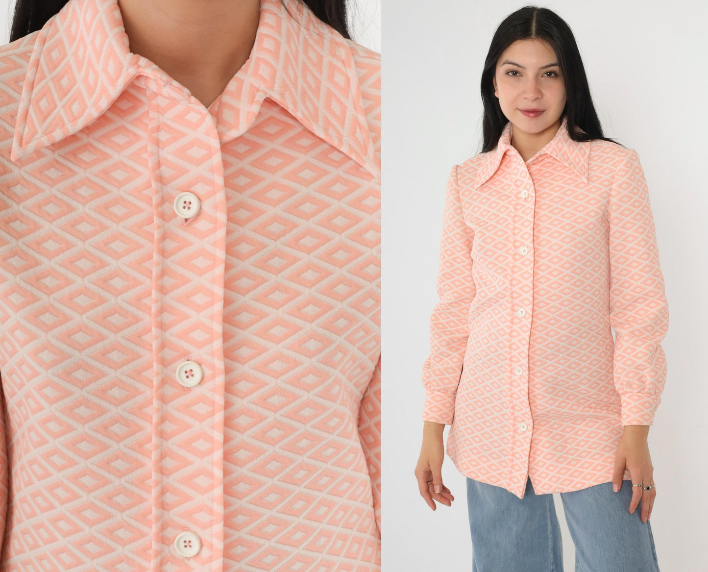 70s Saks Fifth Avenue Pink Geometric Diamond Print Dagger Collar Blouse Small