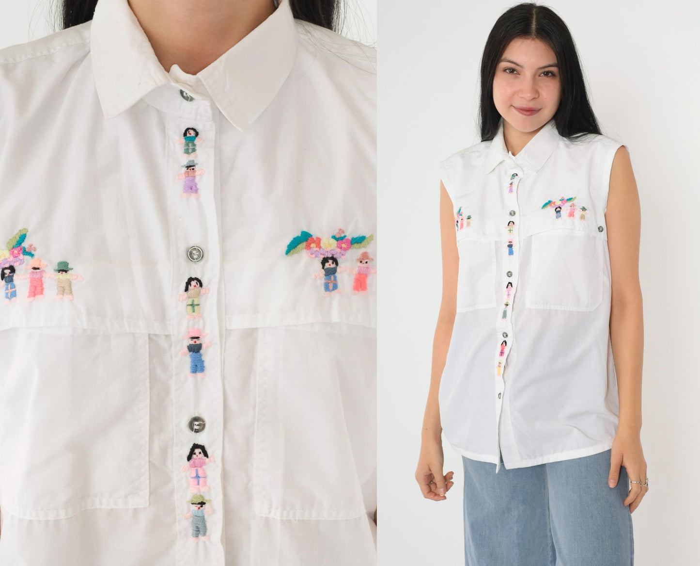 90s Embroidered White Tank Top Sleeveless Button Up Blouse Chest Pocket Medium
