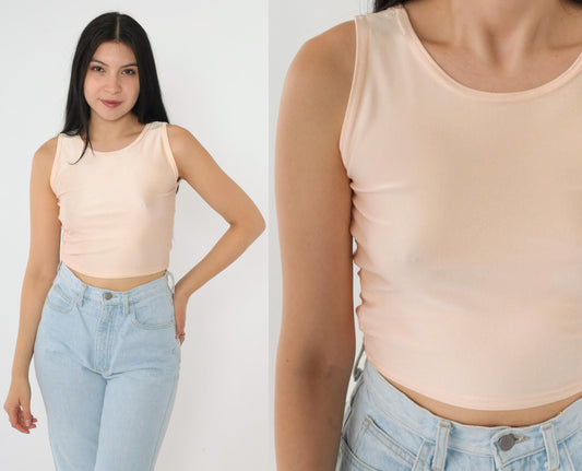 90s Shiny Peach Crop Tank Top Bodycon Fitted Extra Small XS