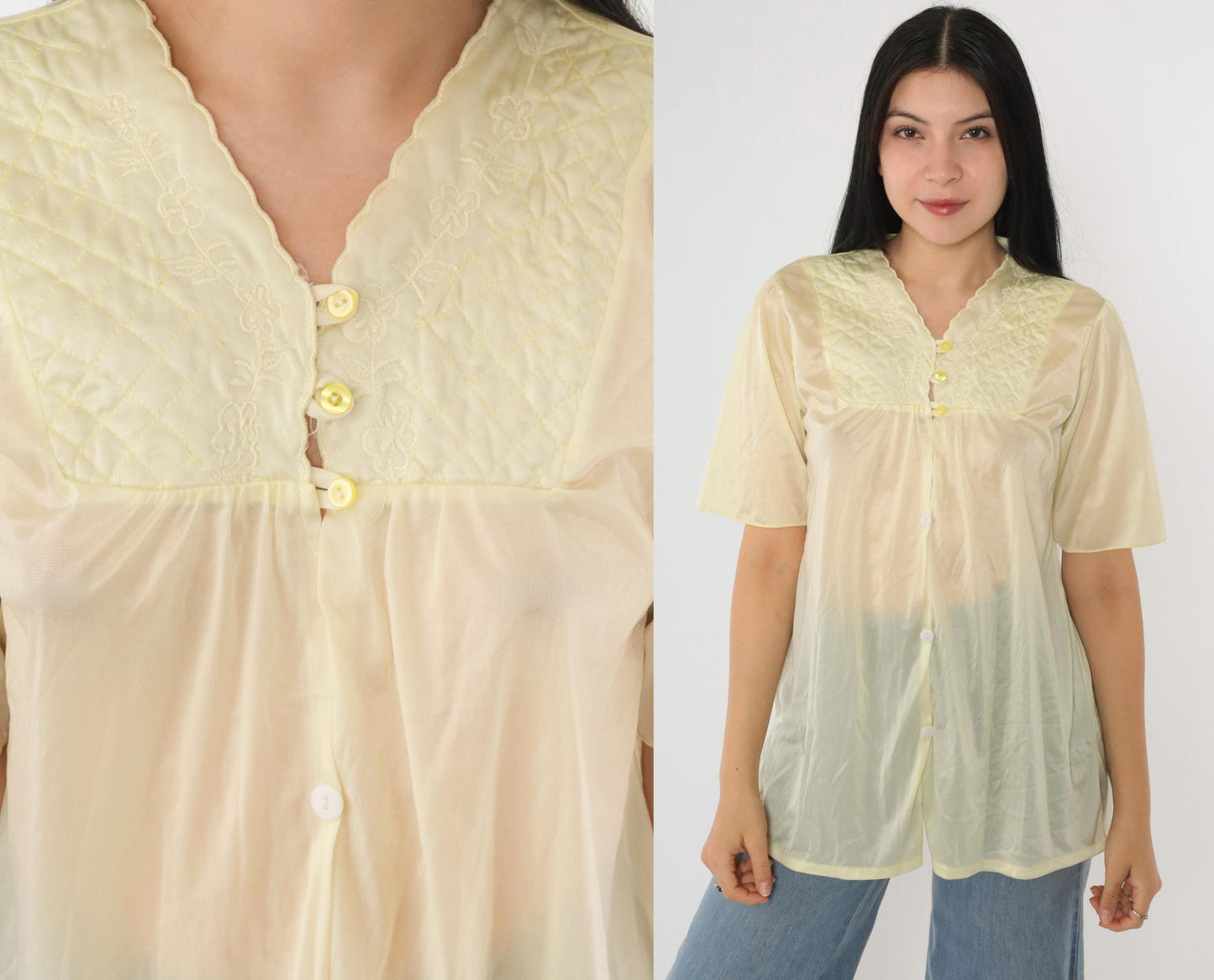 80s Yellow Sheer Nylon Pajama Top Floral Embroidered Quilted Yoke Button Up Small Medium