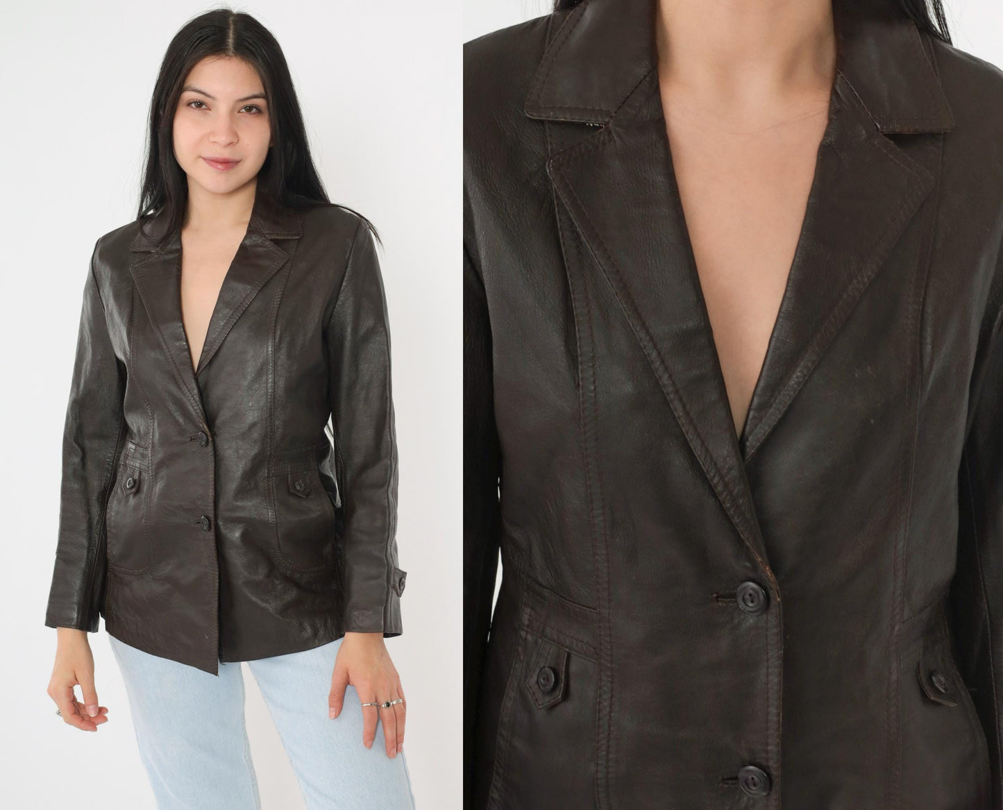 70s Golden Leaf Brown Leather Blazer V-Neck Tailored Jacket Small