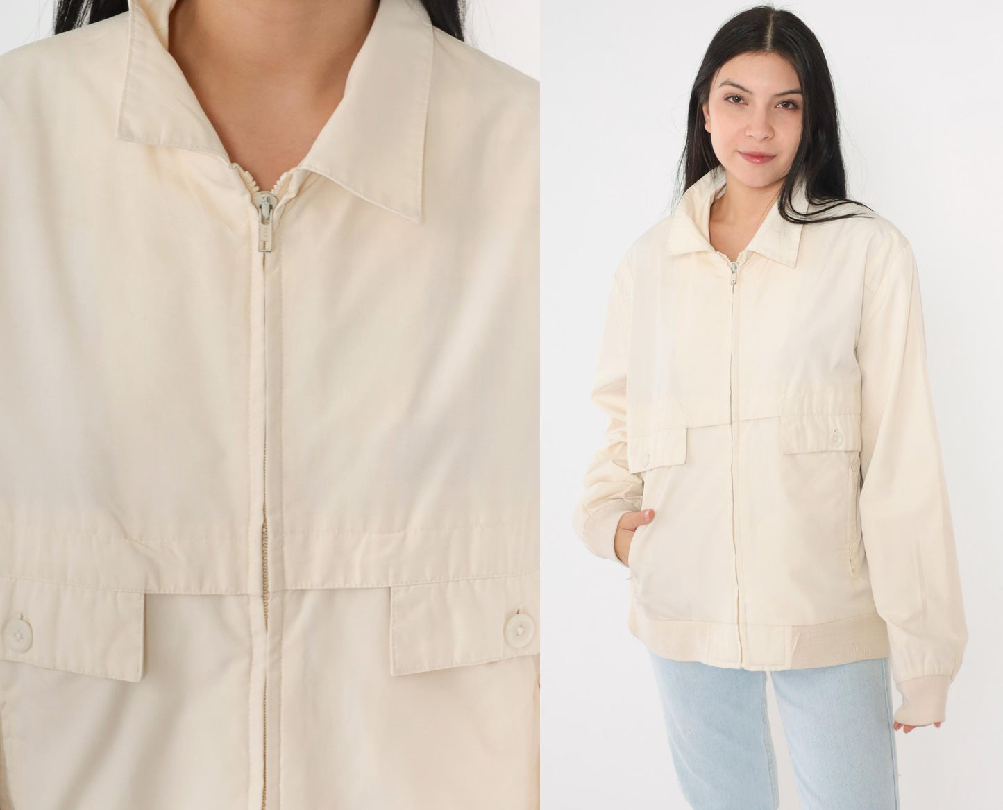 80s Christopher Rand Cream Windbreaker Jacket Plaid Lined Knit Cuff Medium