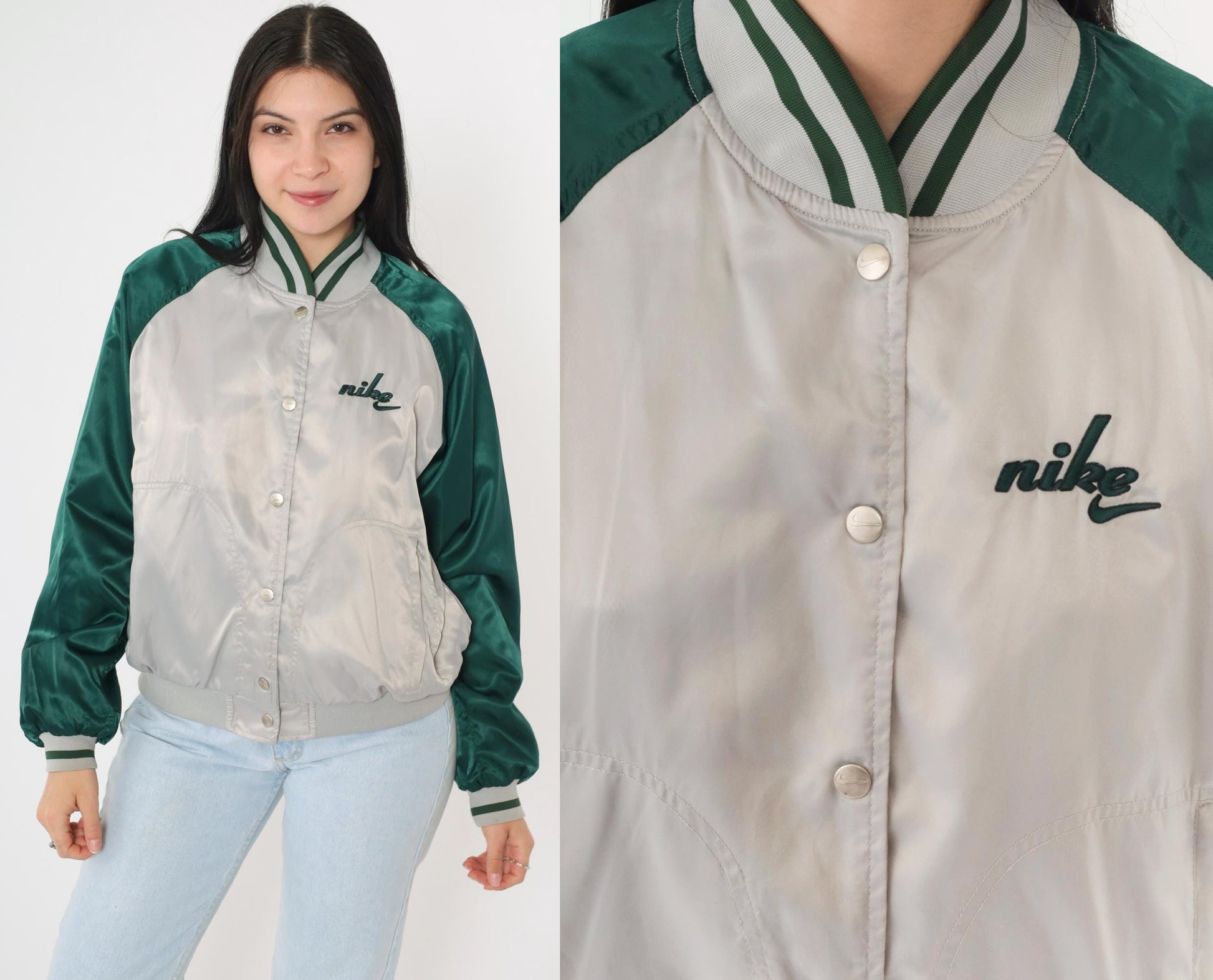 Y2K Nike Silver Satin Bomber Jacket Green Raglan Sleeve Small