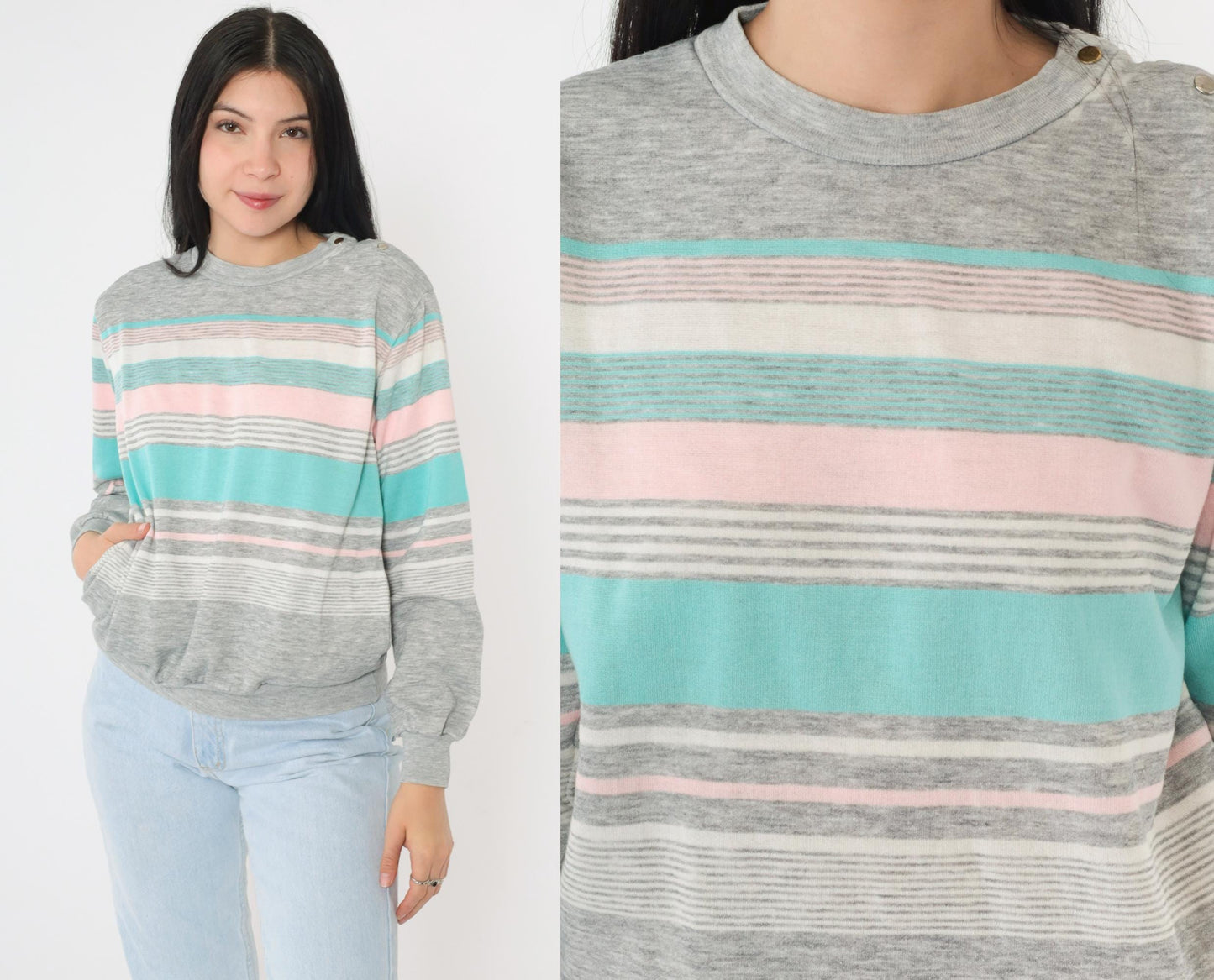 80s Striped Crewneck Sweatshirt Heather Grey Pink Turquoise Snap Shoulder Small