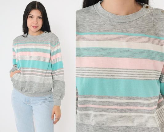 80s Striped Crewneck Sweatshirt Heather Grey Pink Turquoise Snap Shoulder Small