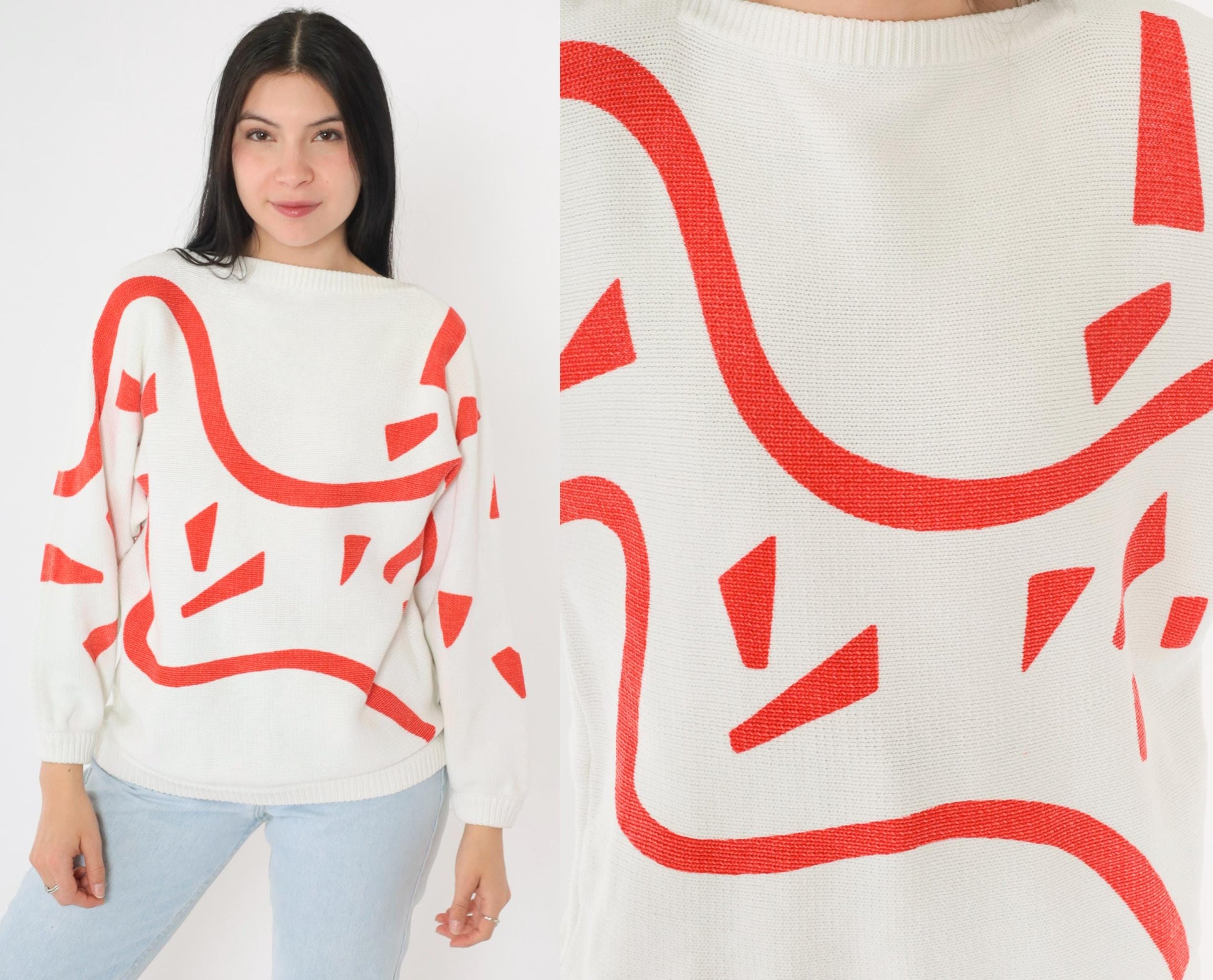 80s Richard & Co. Cotton Sweater Red Abstract Geometric Print Boatneck Small S