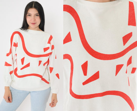 80s Richard & Co. Cotton Sweater Red Abstract Geometric Print Boatneck Small S