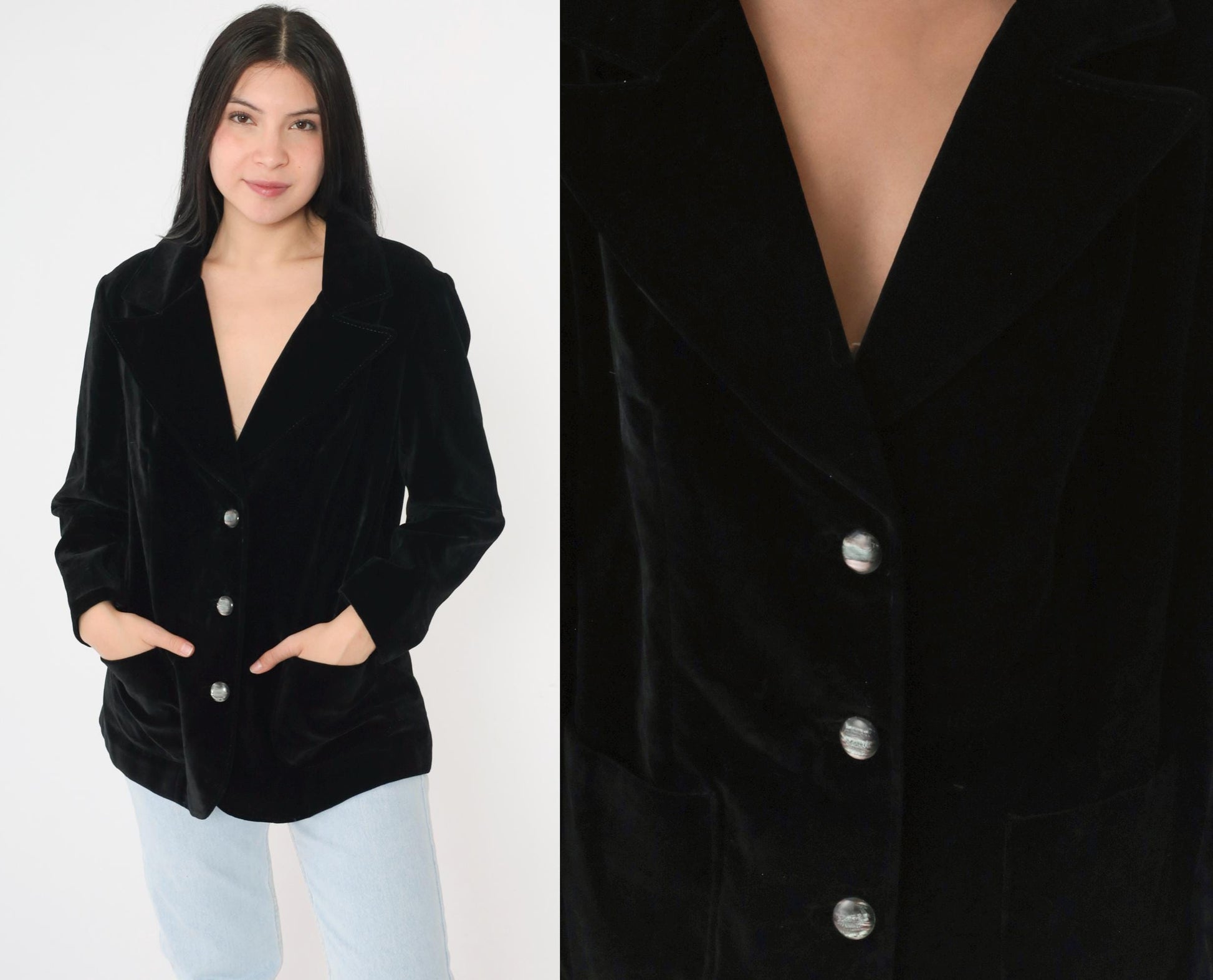 80s Black Velvet Blazer Tailored Button-Up Jacket Medium