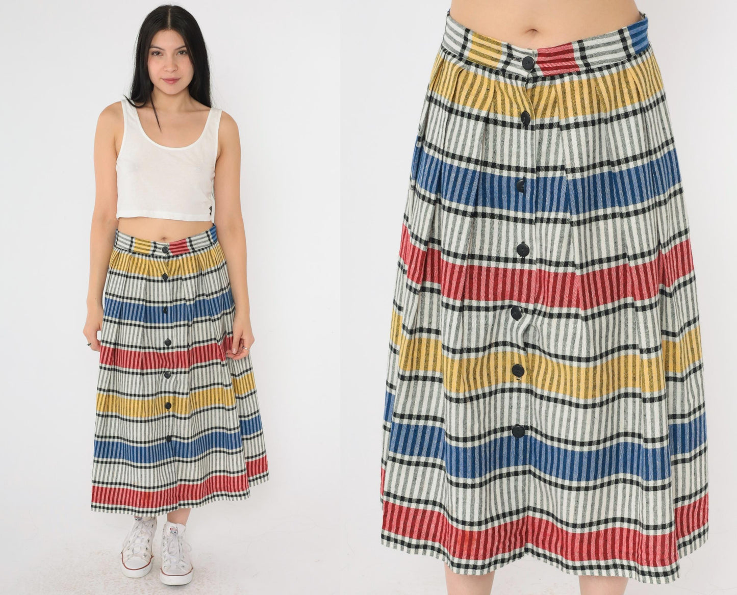 80s Striped Button-Up Midi Skirt High Waist Red Yellow Blue Small