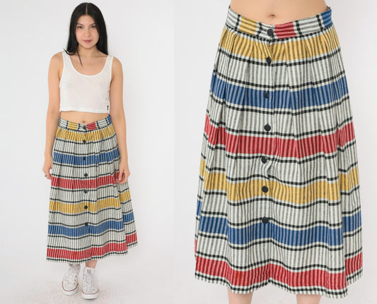 80s Striped Button-Up Midi Skirt High Waist Red Yellow Blue Small