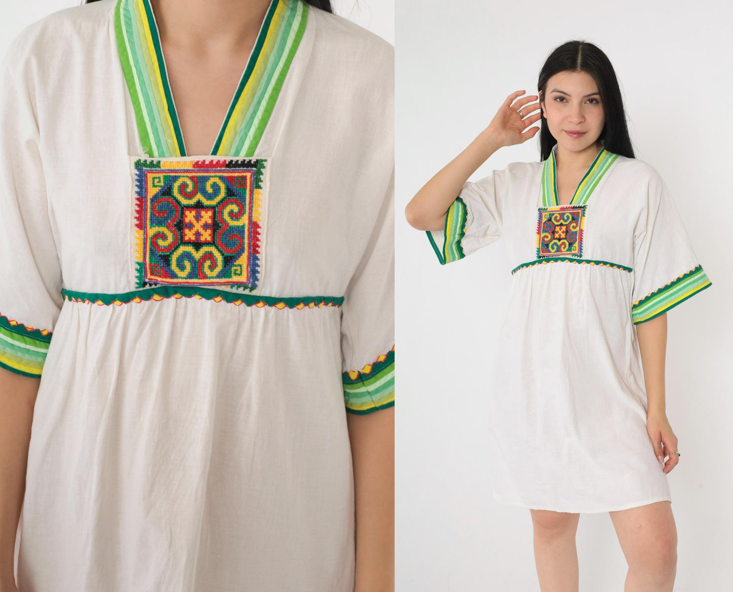 Y2K White Cotton Babydoll Dress Geometric Embroidery Empire Waist Small S