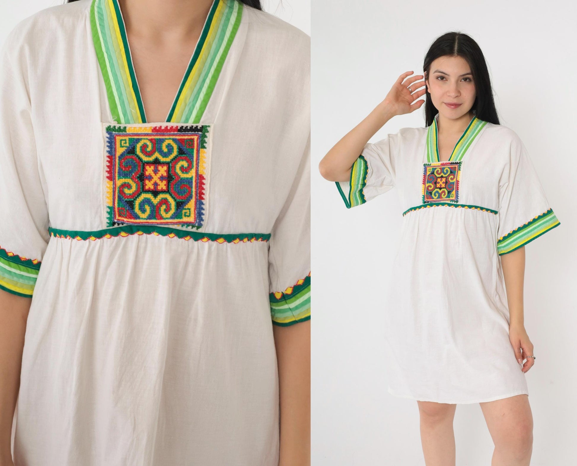 Y2K White Cotton Babydoll Dress Geometric Embroidery Empire Waist Small S