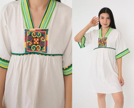 Y2K White Cotton Babydoll Dress Geometric Embroidery Empire Waist Small S