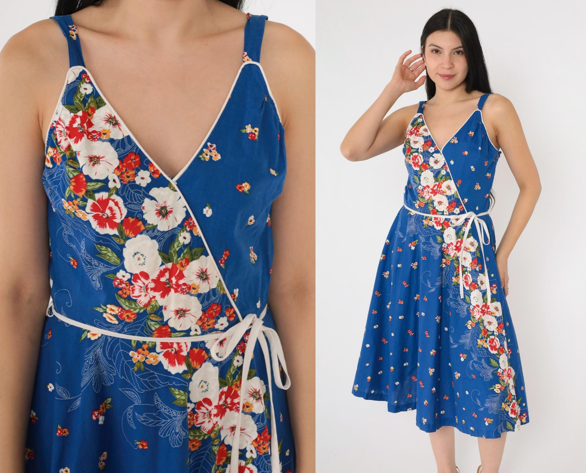 80s Royal Blue Floral Midi Dress Smocked High Waist V Neck Sleeveless Small