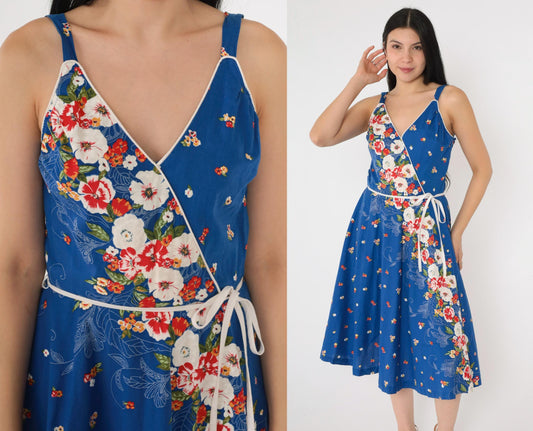 80s Royal Blue Floral Midi Dress Smocked High Waist V Neck Sleeveless Small