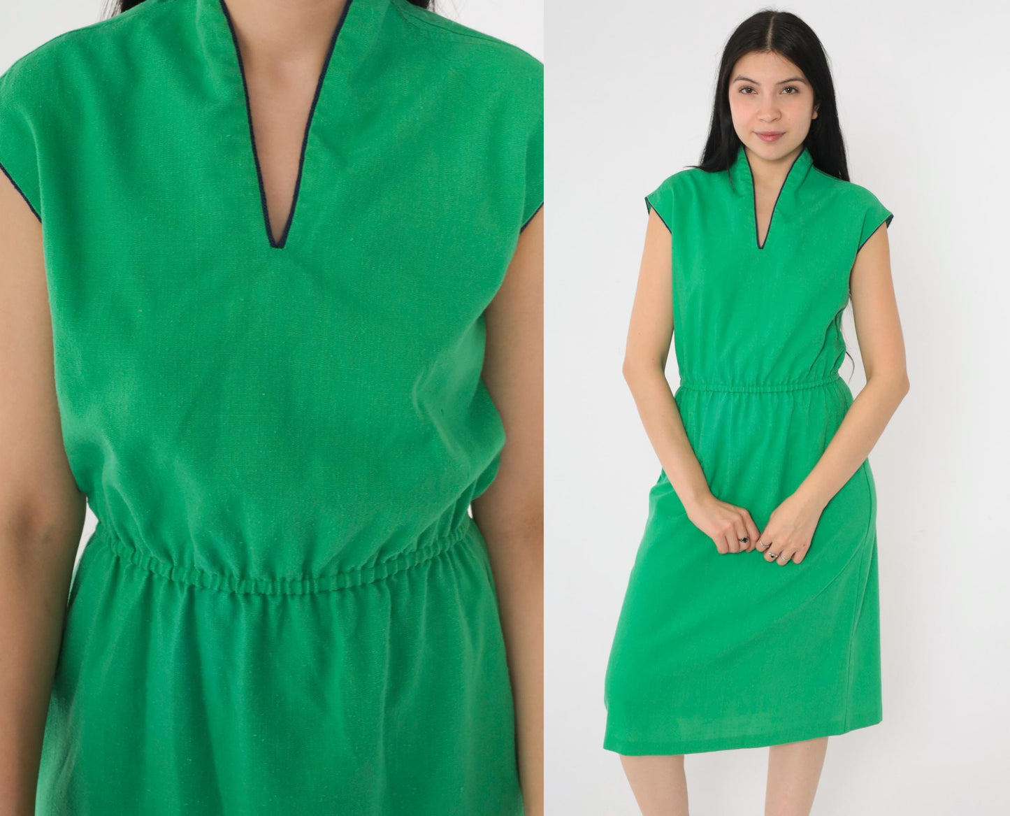 70s Green V-Neck Midi Dress Navy Trim Cap Sleeves A-Line Small