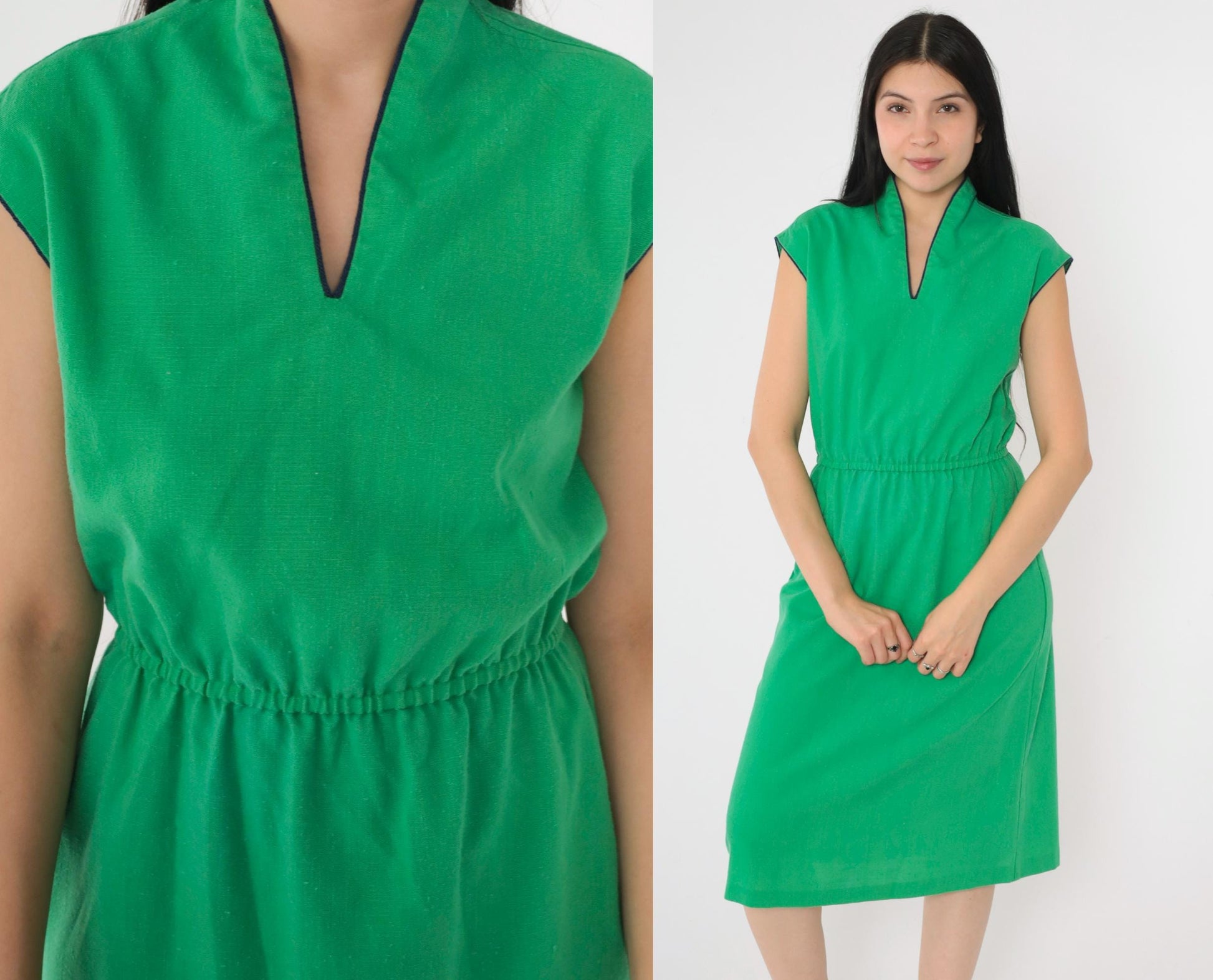 70s Green V-Neck Midi Dress Navy Trim Cap Sleeves A-Line Small