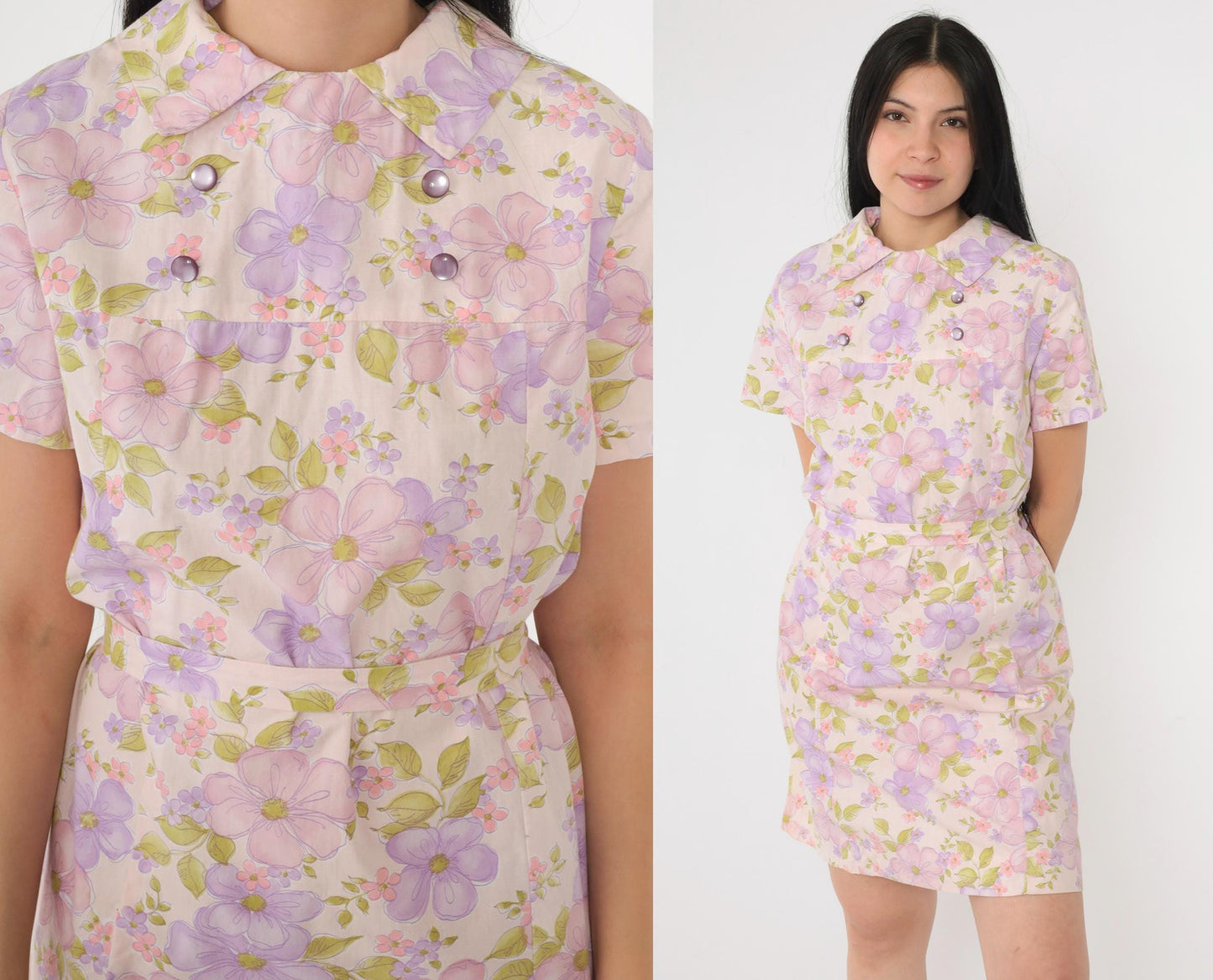60s Floral Shift Mini Dress Pink Purple Short Sleeve Belted Medium M