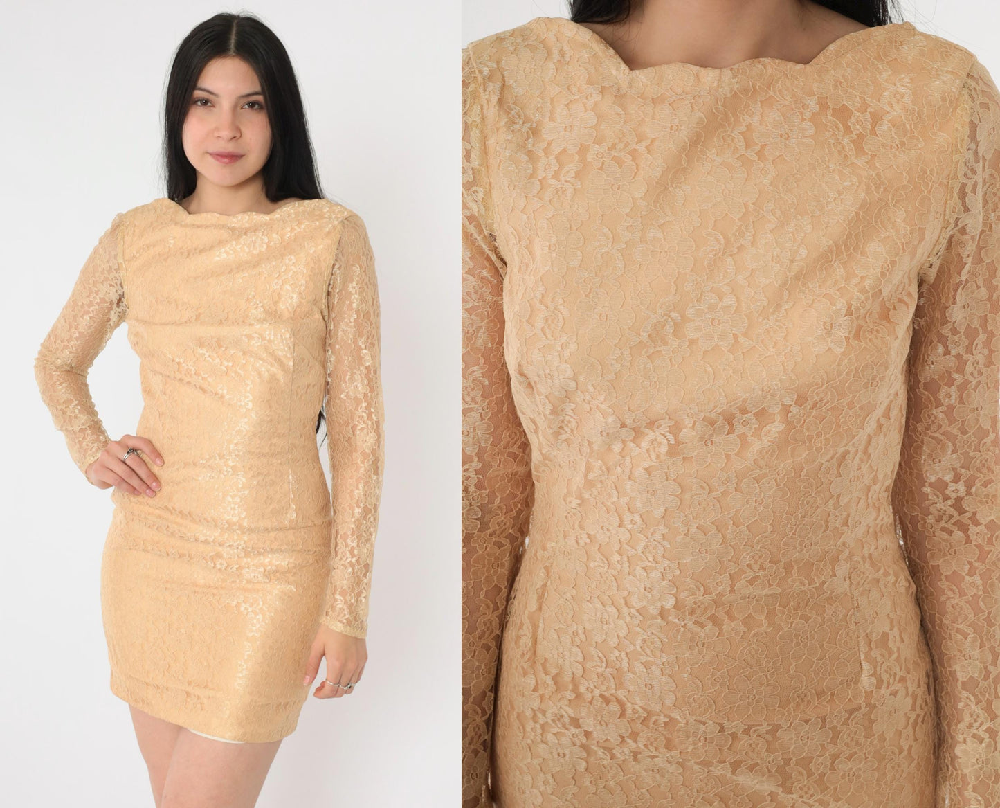 1960s Gold Lace Mini Dress Scalloped Open Back Sheer Sleeves Extra Small