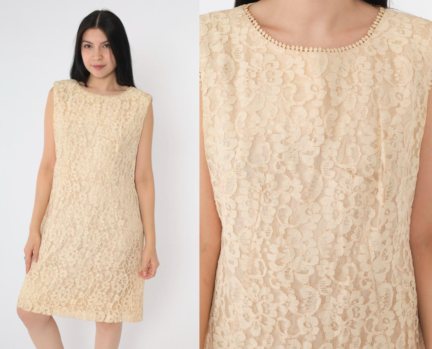 1960s Cream Lace Mini Dress Sleeveless A-Line Cocktail Medium M
