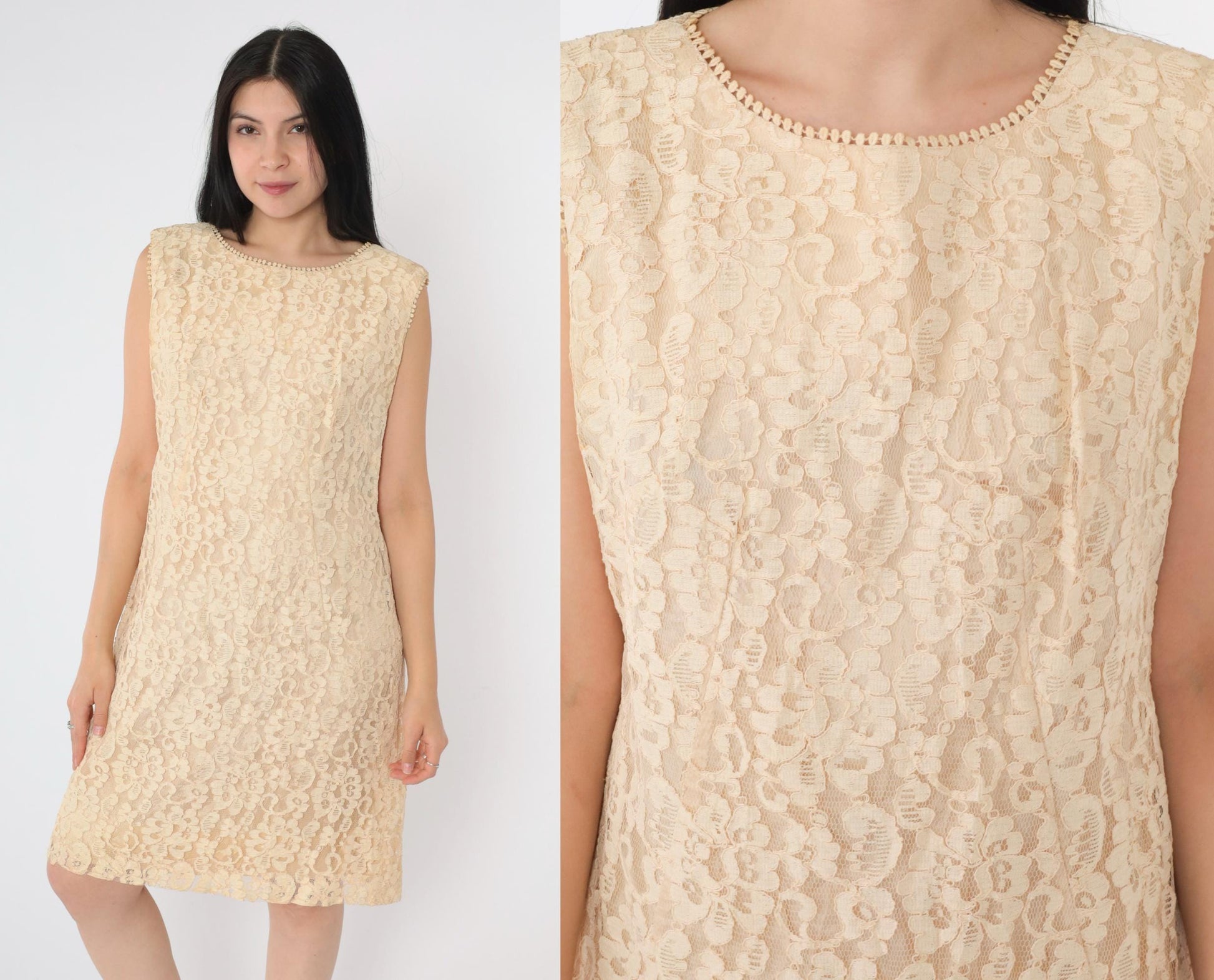 1960s Cream Lace Mini Dress Sleeveless A-Line Cocktail Medium M