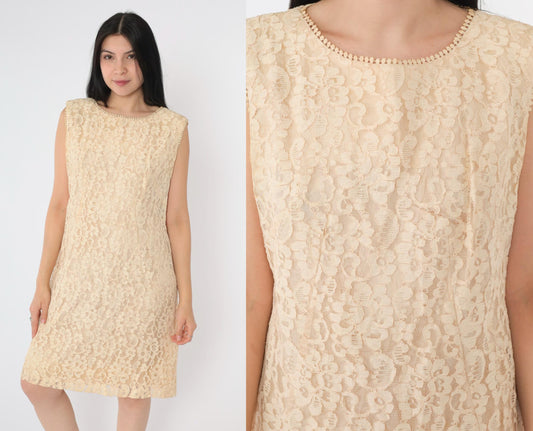 1960s Cream Lace Mini Dress Sleeveless A-Line Cocktail Medium M