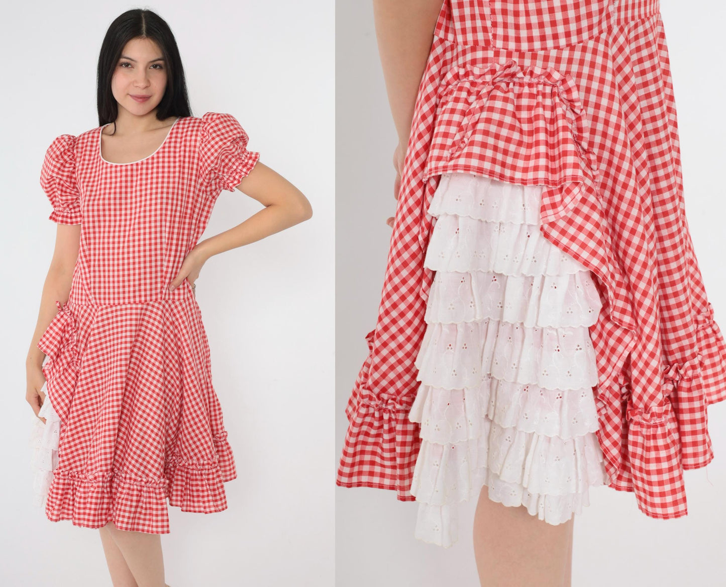 80s Red Gingham Square Dance Dress Puff Sleeve Eyelet Lace Midi Medium
