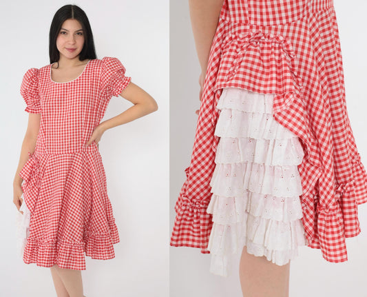 80s Red Gingham Square Dance Dress Puff Sleeve Eyelet Lace Midi Medium