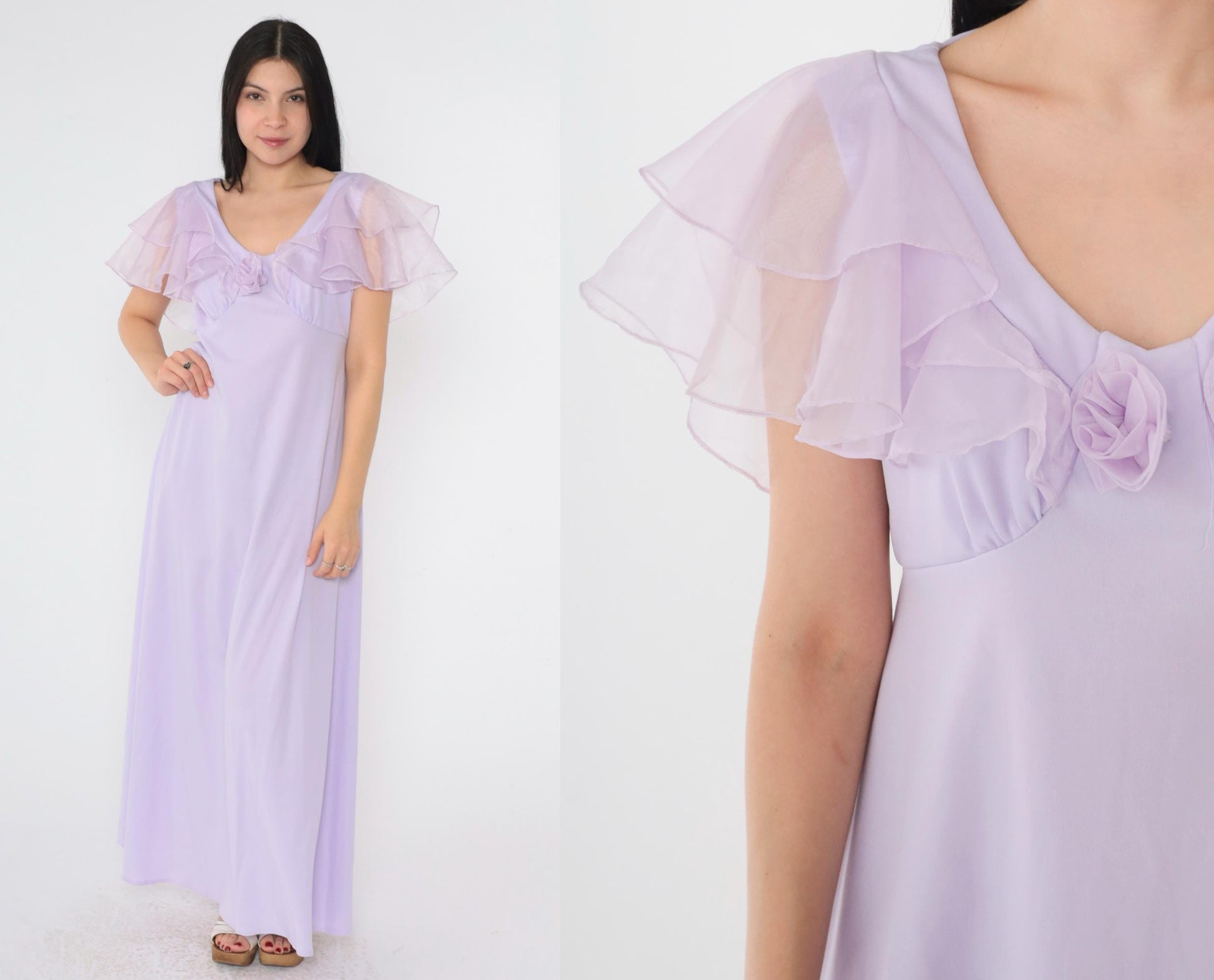 70s Lavender Organza Maxi Dress Flutter Sleeve Empire Waist Open Back Small