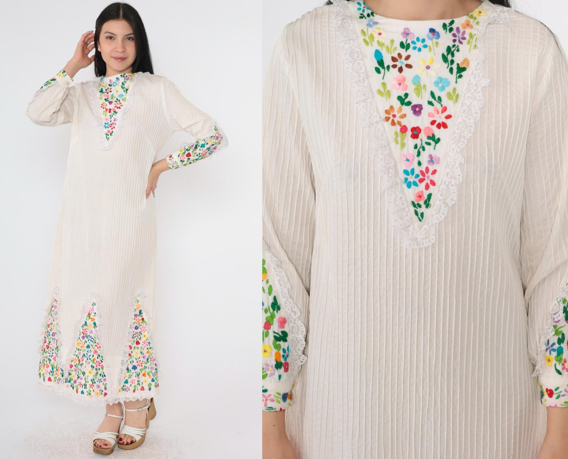 1970s Mexican Floral Embroidered Midi Dress Rainbow Lace Trim Shift Medium M