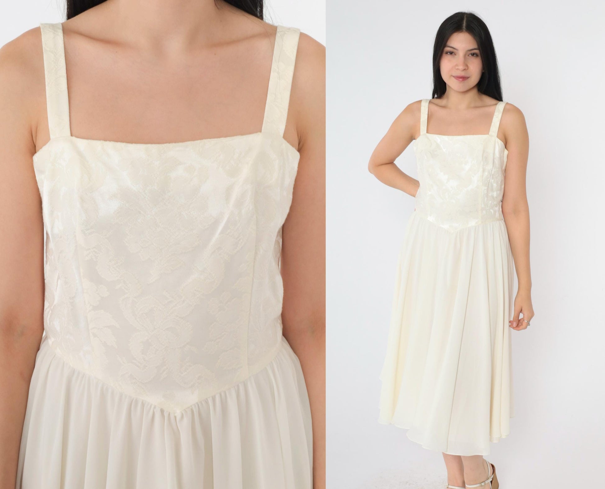 80s Ivory Jacquard Midi Dress Sleeveless Square Neck Basque Waist Small