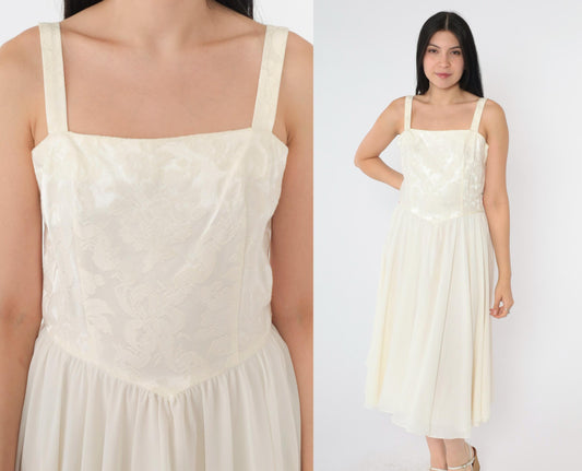 80s Ivory Jacquard Midi Dress Sleeveless Square Neck Basque Waist Small