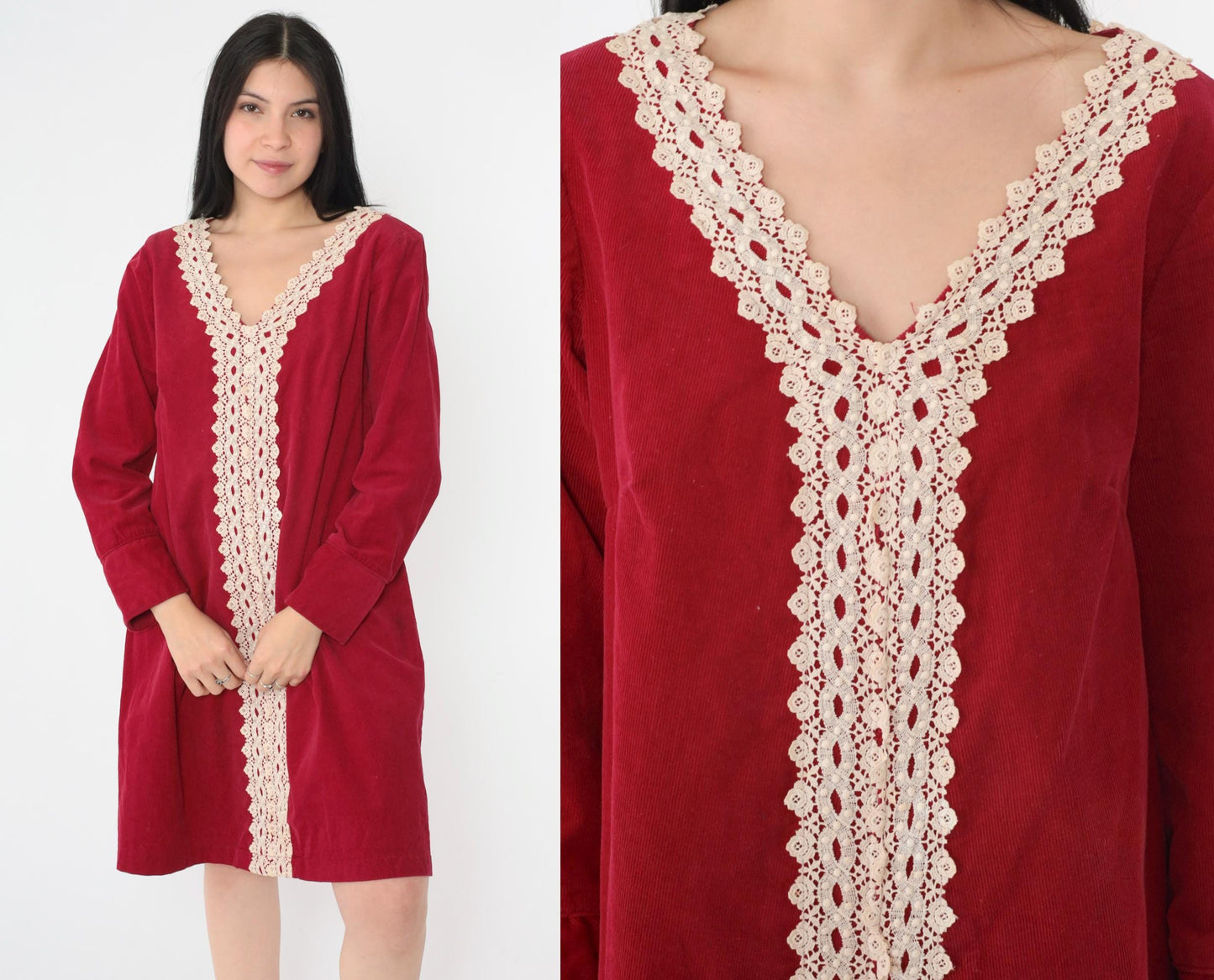 60s Carol of Mary Red Corduroy Shift Dress Cream Lace Trim V-Neck Mini Medium M