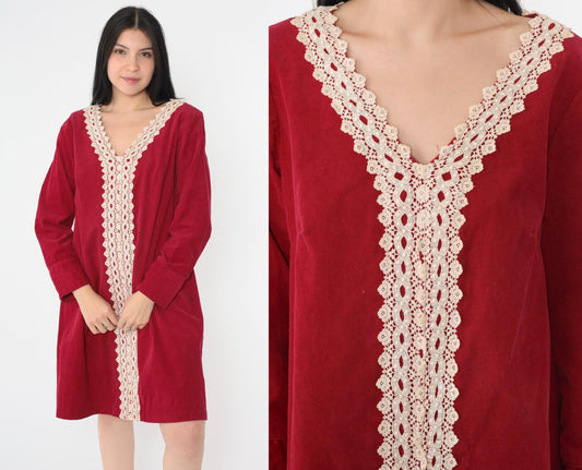 60s Carol of Mary Red Corduroy Shift Dress Cream Lace Trim V-Neck Mini Medium M