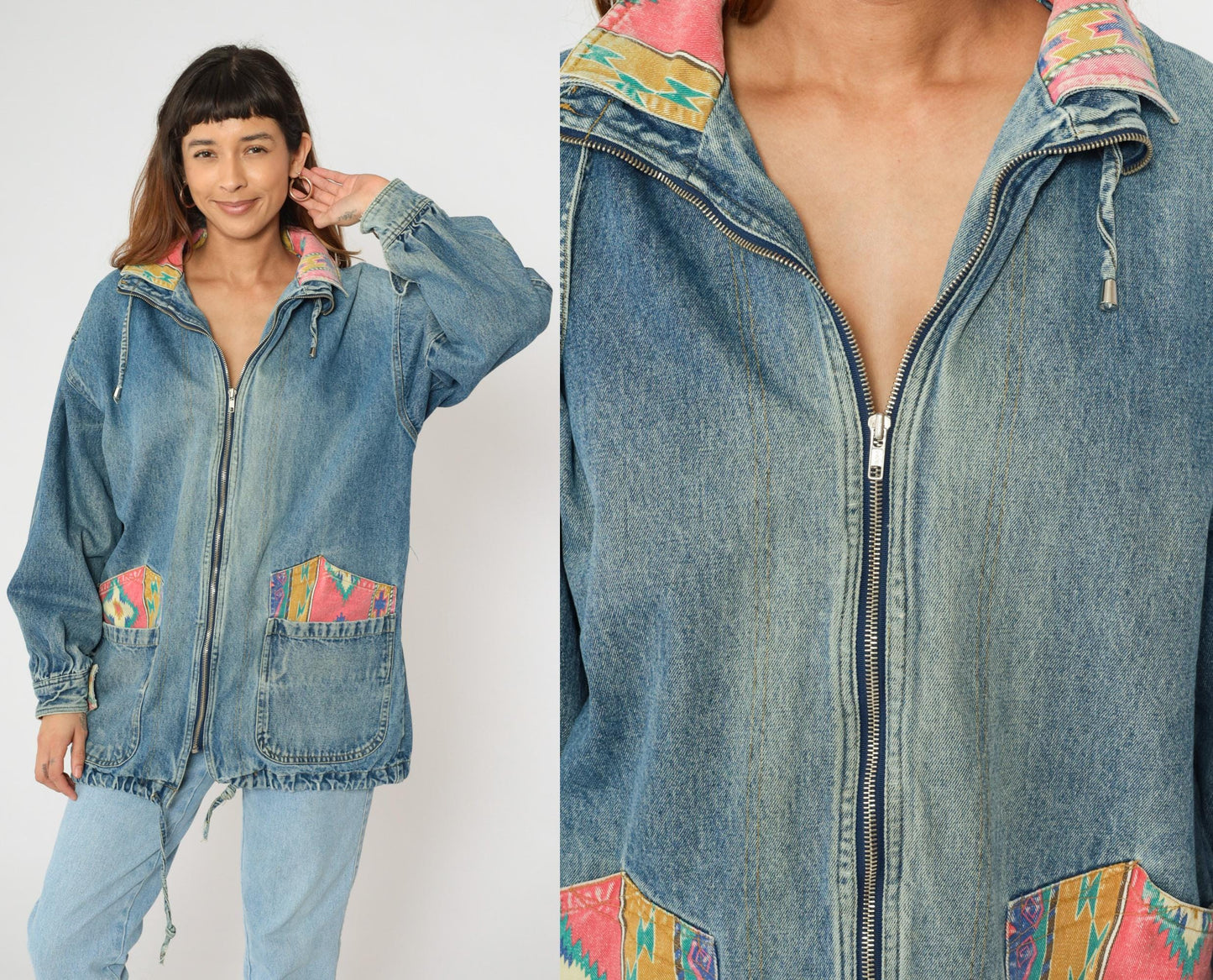 90s Southwestern Denim Jacket Blue Aztec Patch Jean Coat Medium M