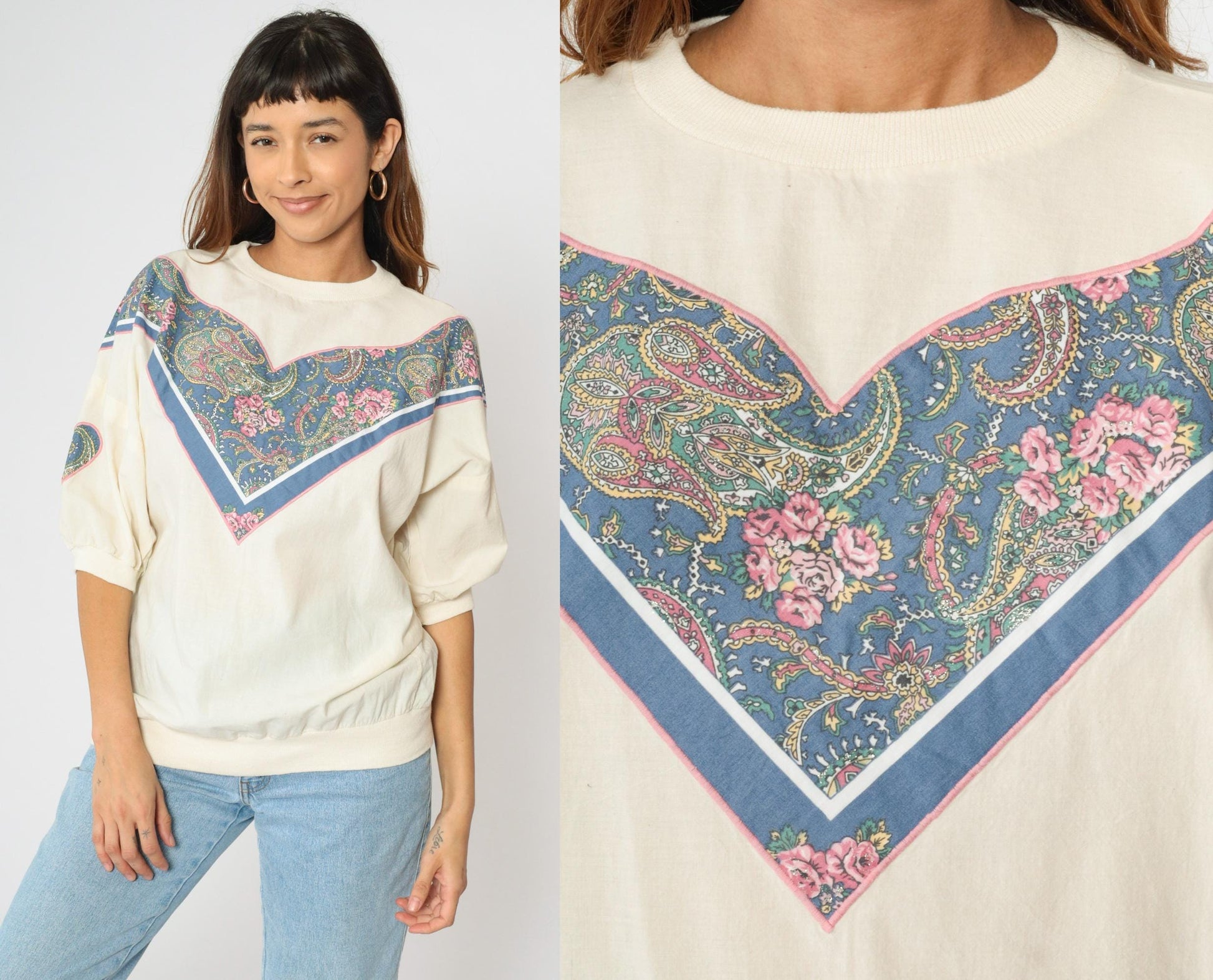 90s Cream Paisley Floral Blouse Short Sleeve Banded Hem Large L
