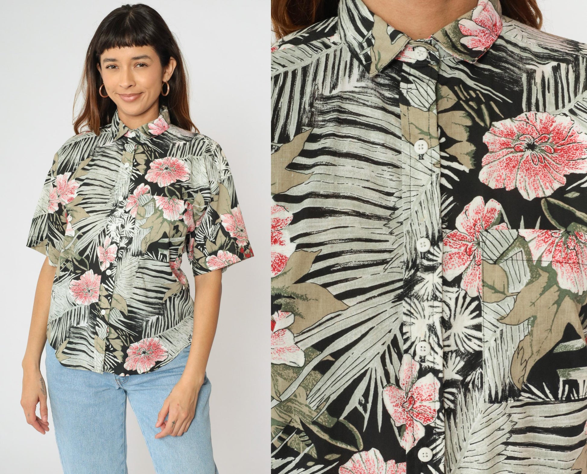 90s Tropical Floral Button Up Blouse Short Sleeve Black Grey Red Large